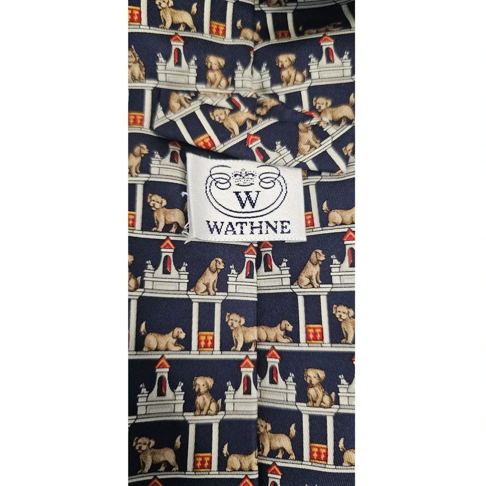VTG Wathne Silk Tie‎ Dog Lover Novelty Print Animal Pattern Navy Necktie 80s 90s